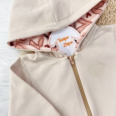 Conj. Jaqueta com Capuz e Calça de Moletom com Corações - Areia